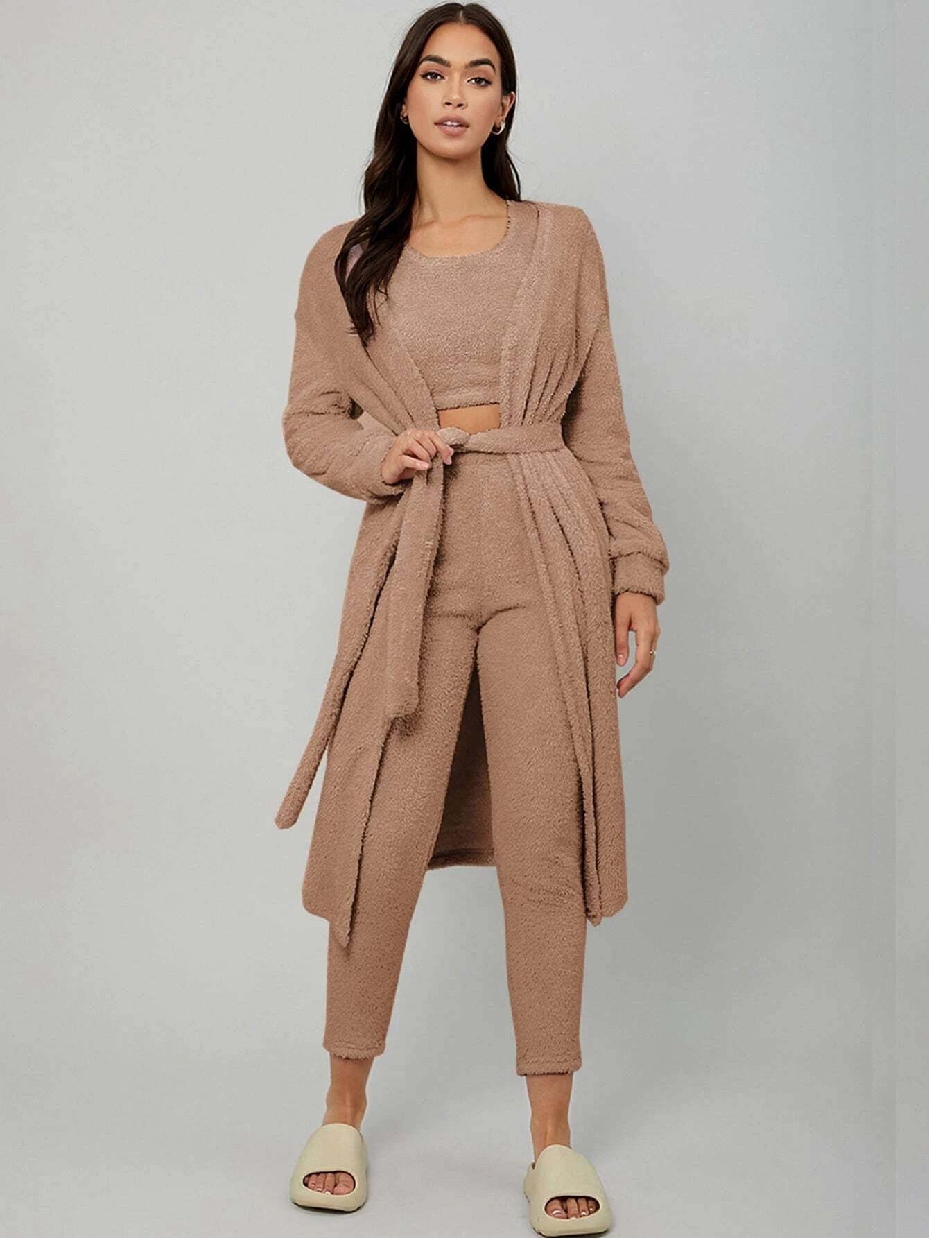 3 Pieces Drop Shoulder Belted Lounge Set-Cozy Knit Sets