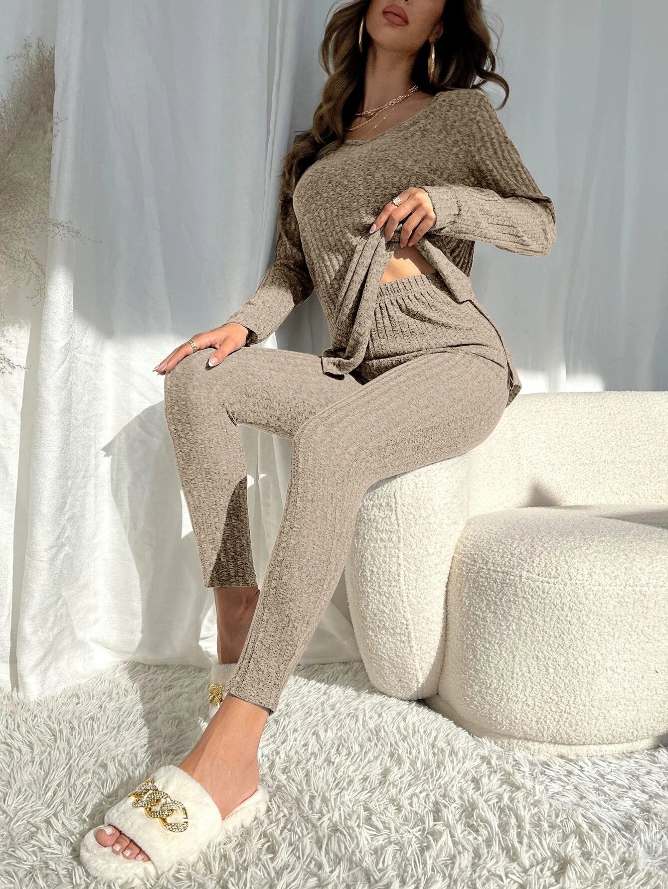 Knit Split Hem Top And Leggings Lounge Set-Cozy Knit Sets