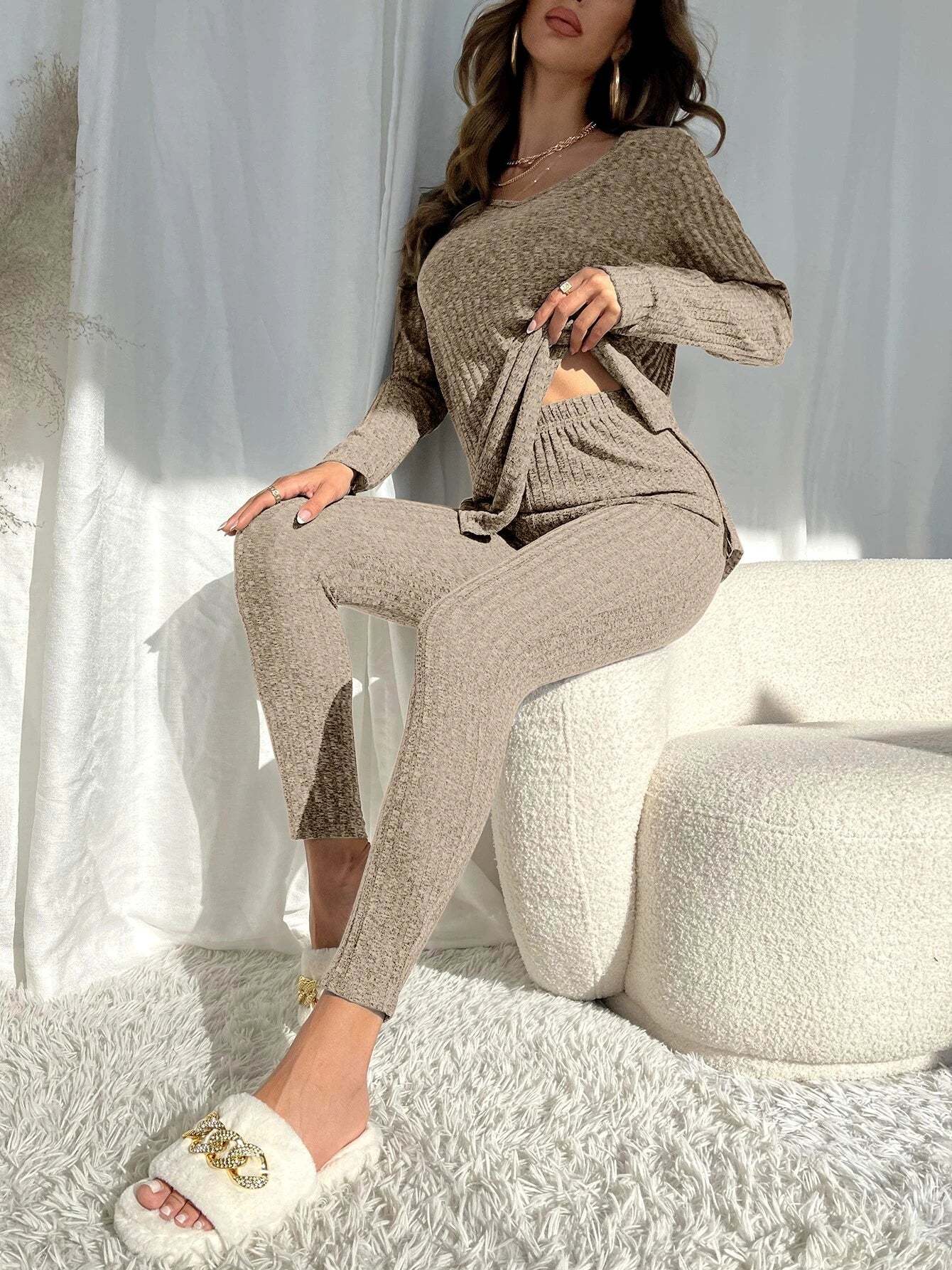 Knit Split Hem Top And Leggings Lounge Set-Cozy Knit Sets