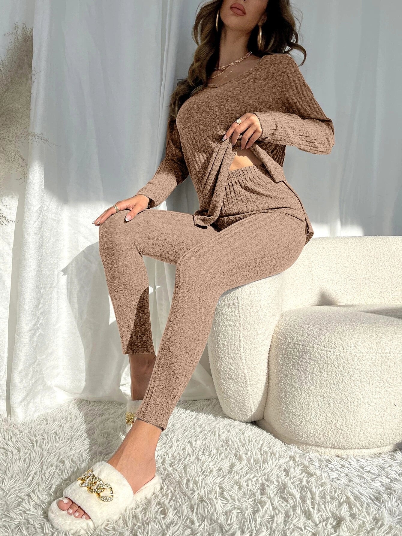 Knit Split Hem Top And Leggings Lounge Set-Cozy Knit Sets