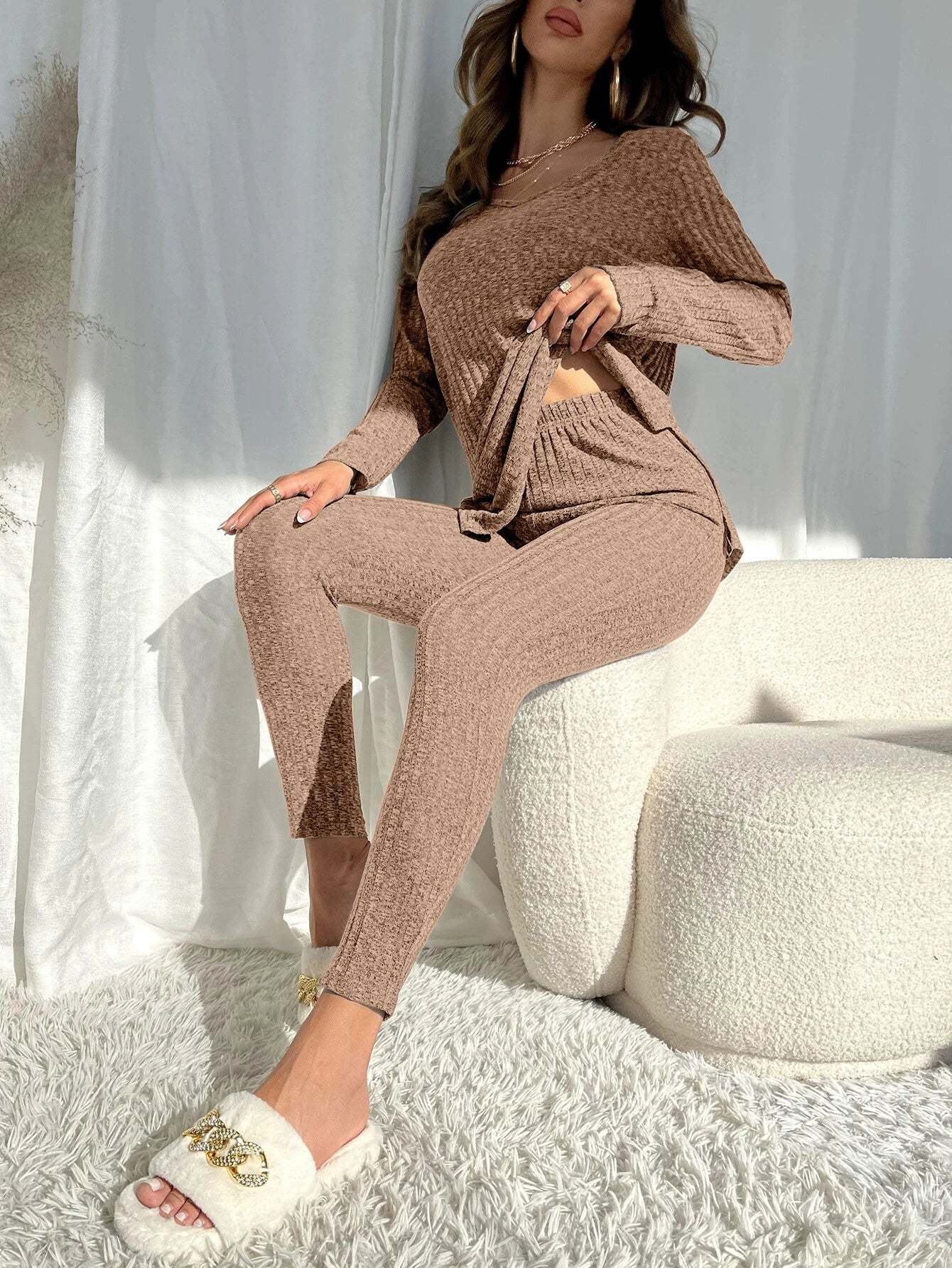 Knit Split Hem Top And Leggings Lounge Set-Cozy Knit Sets