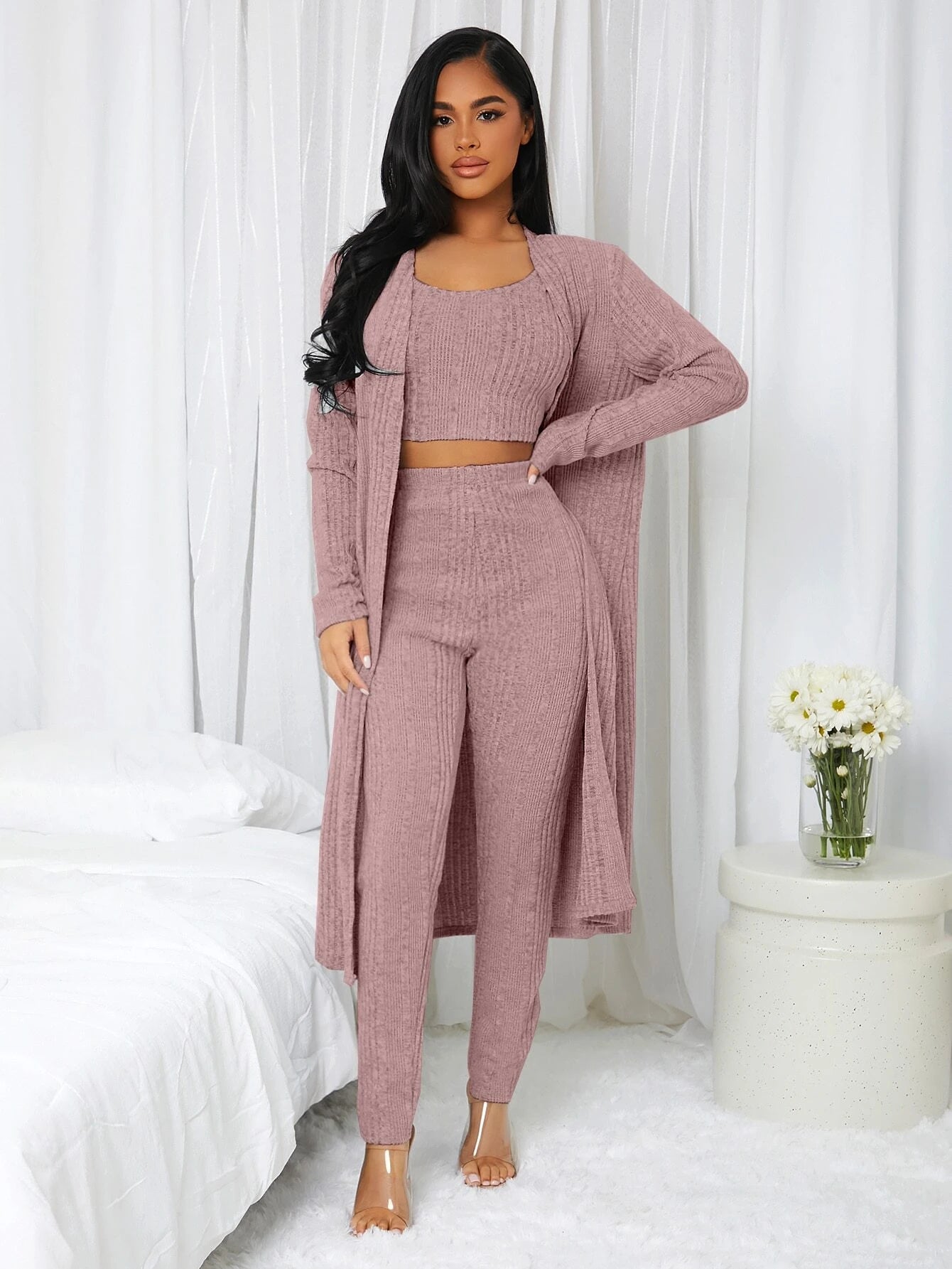 3 Pieces Ribbed Knit Lounge Set – Cozy Knit Sets