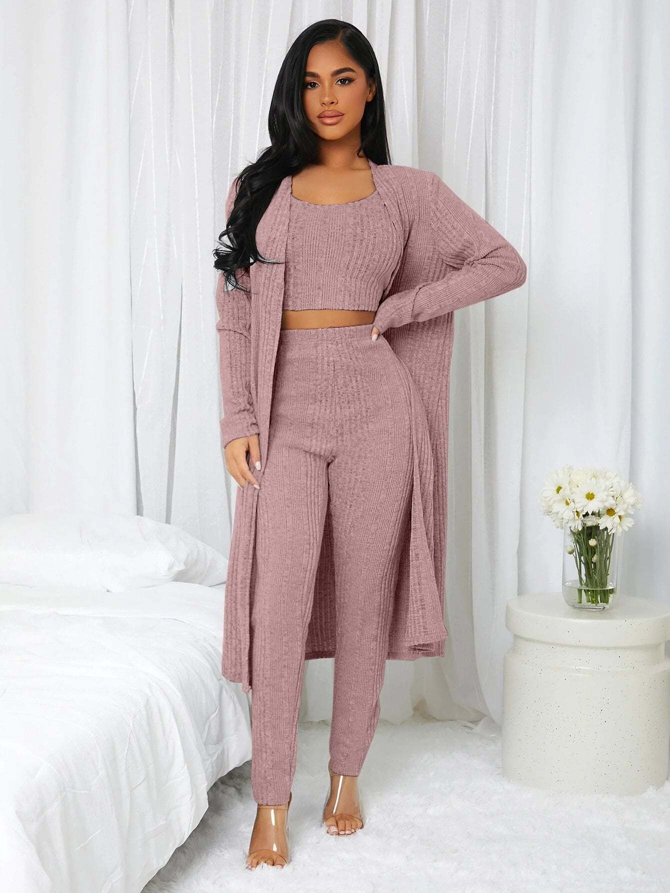 3 Pieces Ribbed Knit Lounge Set-Cozy Knit Sets