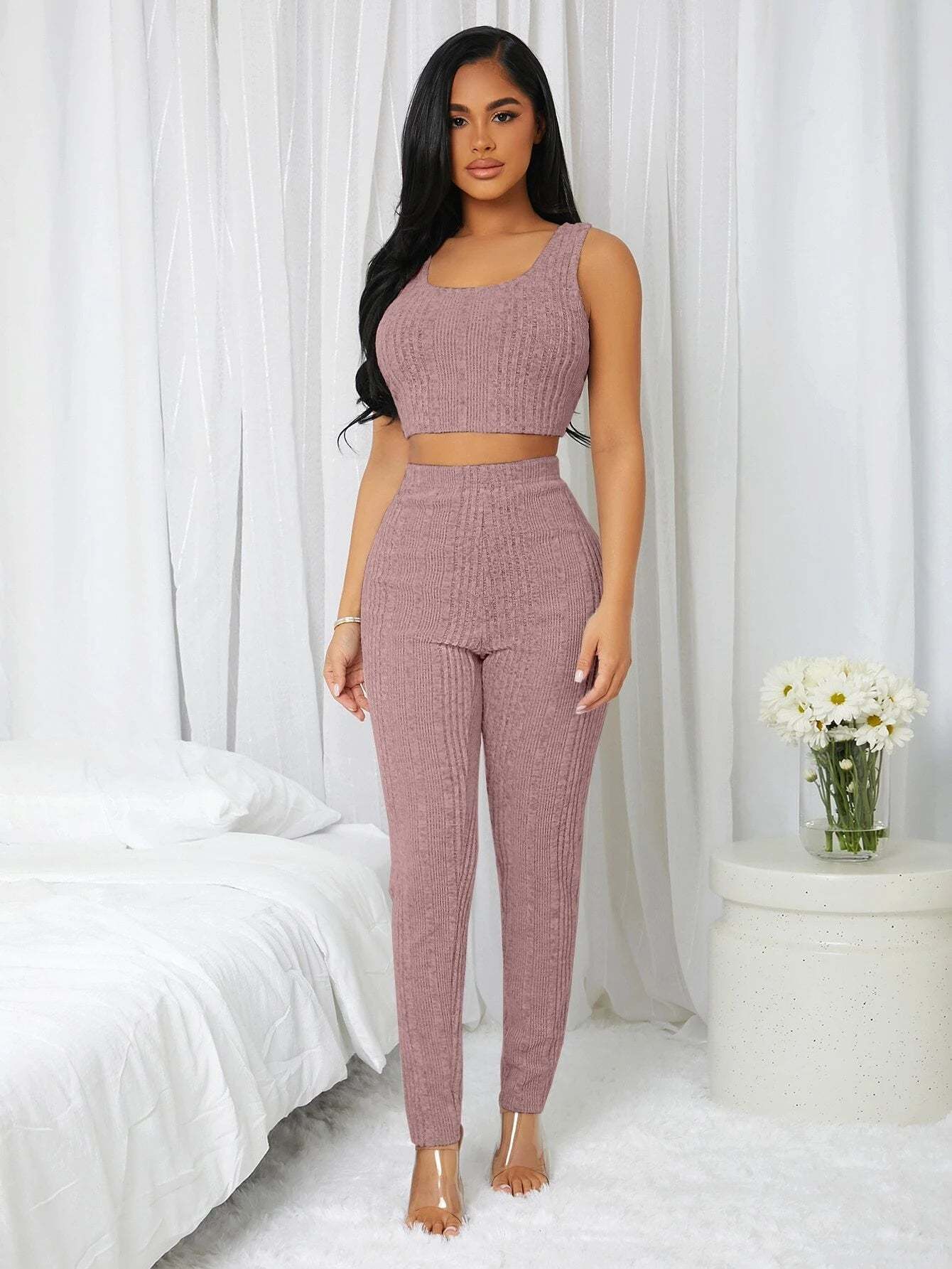 3 Pieces Ribbed Knit Lounge Set-Cozy Knit Sets