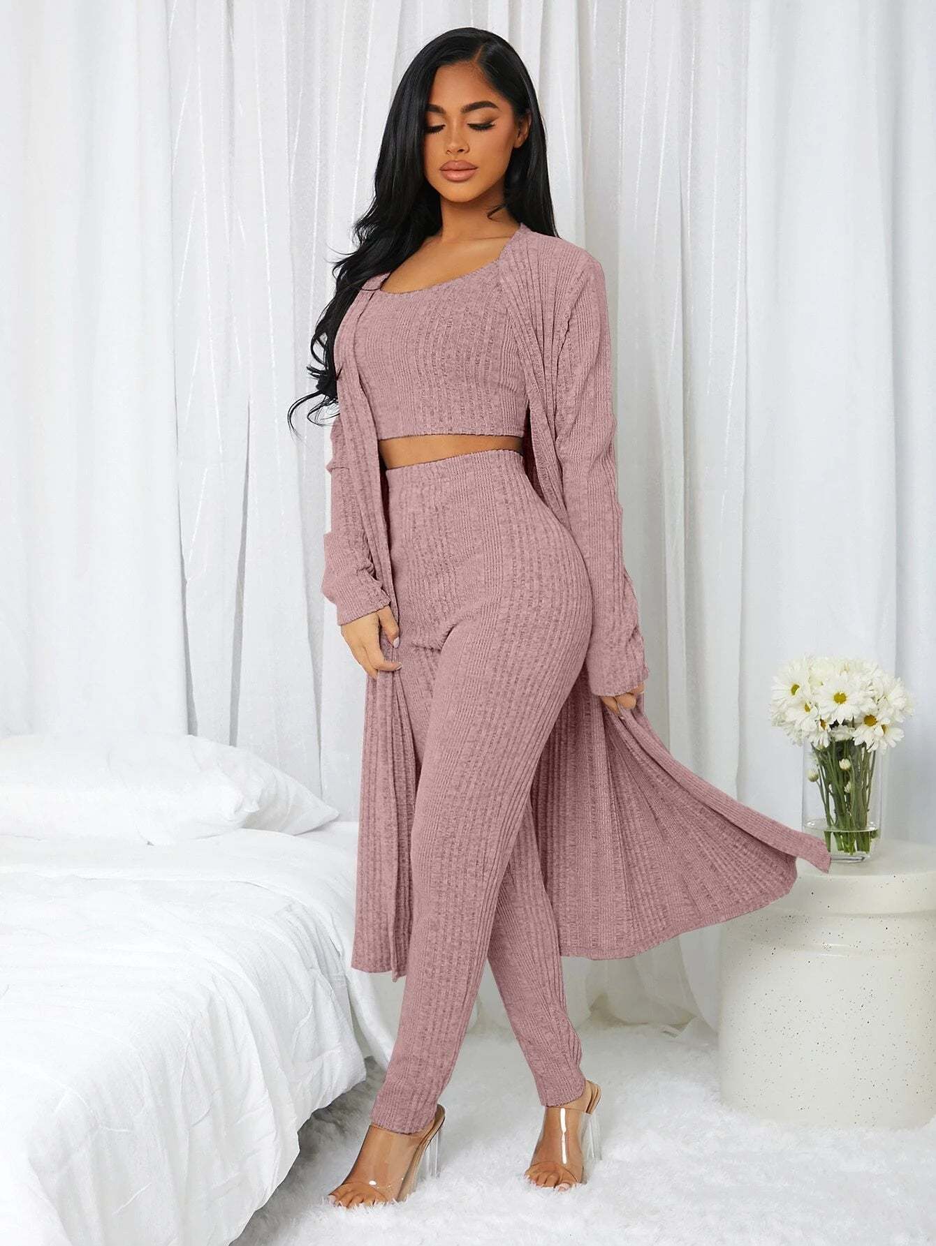 3 Pieces Ribbed Knit Lounge Set-Cozy Knit Sets