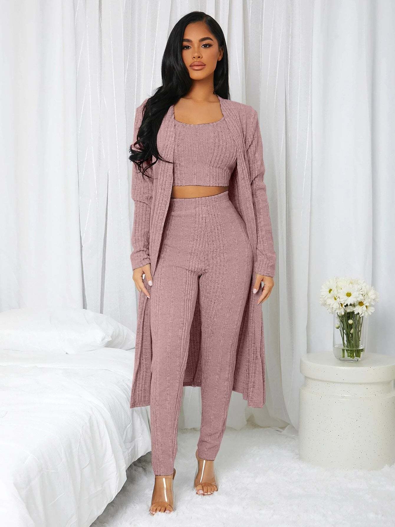 3 Pieces Ribbed Knit Lounge Set-Cozy Knit Sets