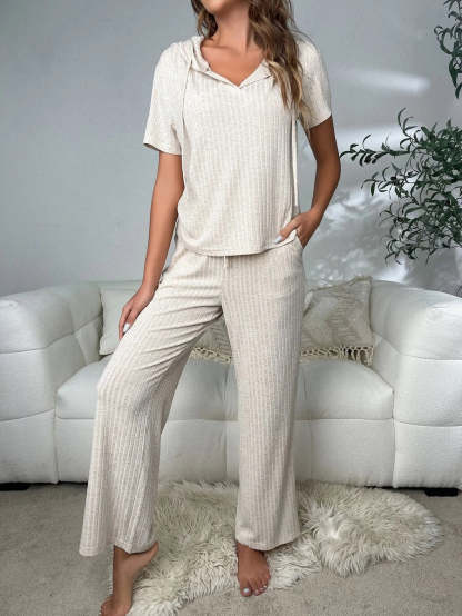 Drawstring Hooded Lounge Set-Cozy Knit Sets