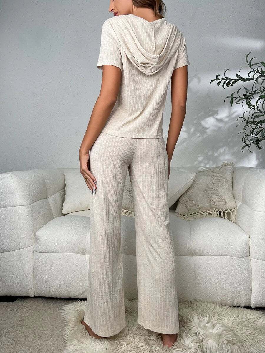 Drawstring Hooded Lounge Set-Cozy Knit Sets