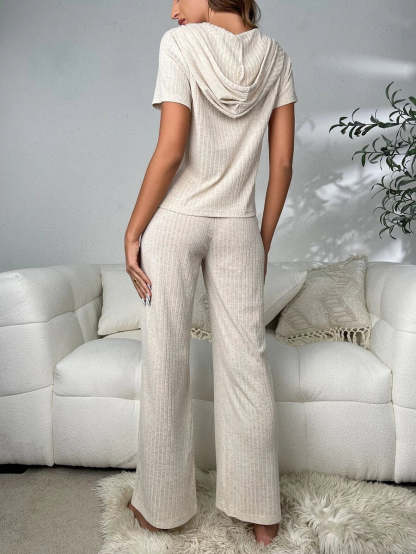 Drawstring Hooded Lounge Set-Cozy Knit Sets