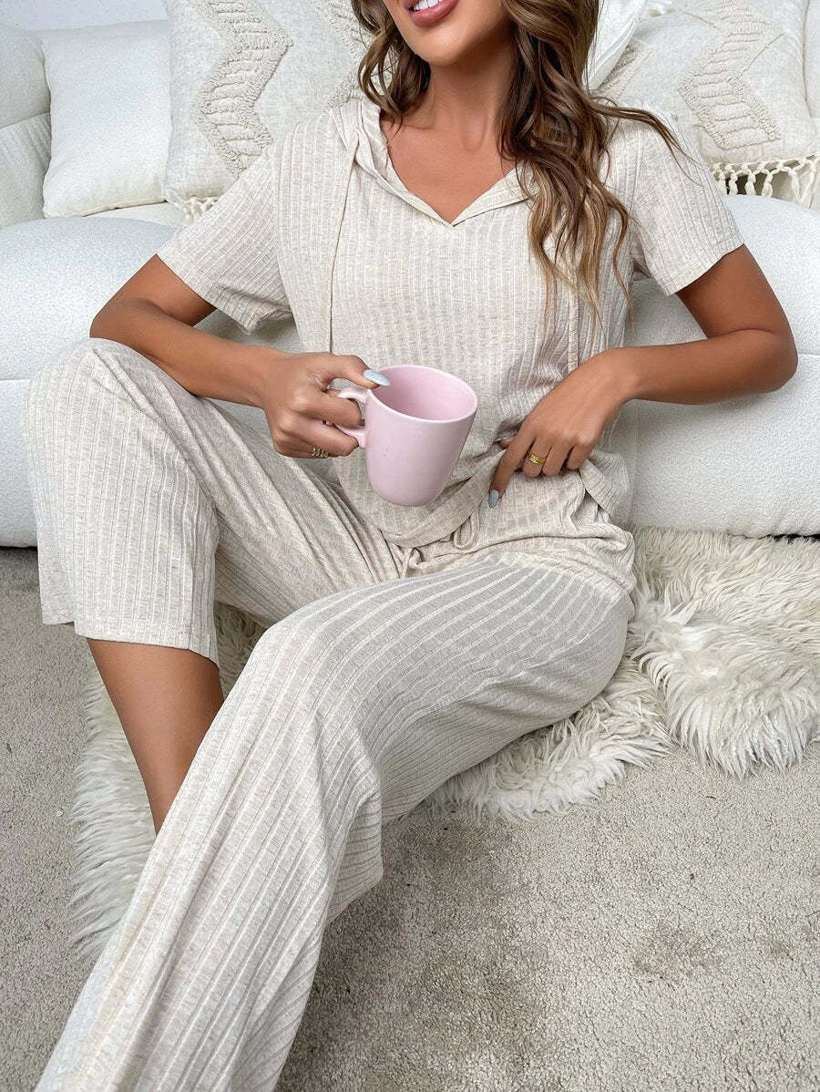 Drawstring Hooded Lounge Set-Cozy Knit Sets