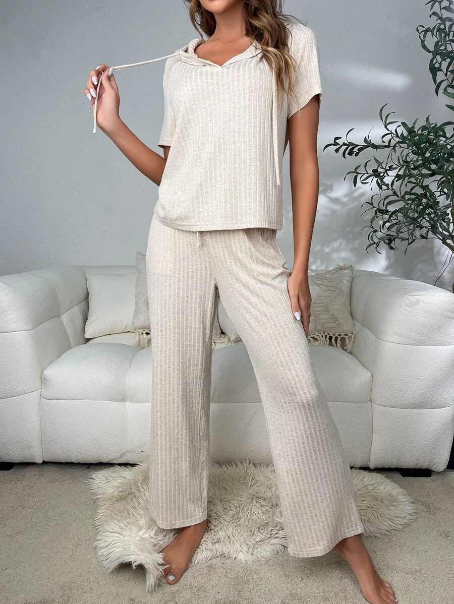 Drawstring Hooded Lounge Set-Cozy Knit Sets