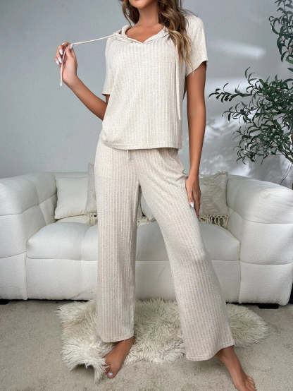 Drawstring Hooded Lounge Set-Cozy Knit Sets