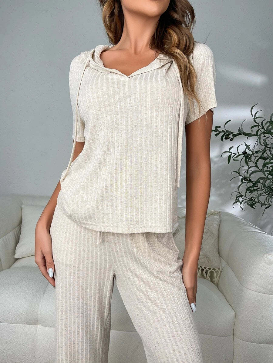 Drawstring Hooded Lounge Set-Cozy Knit Sets