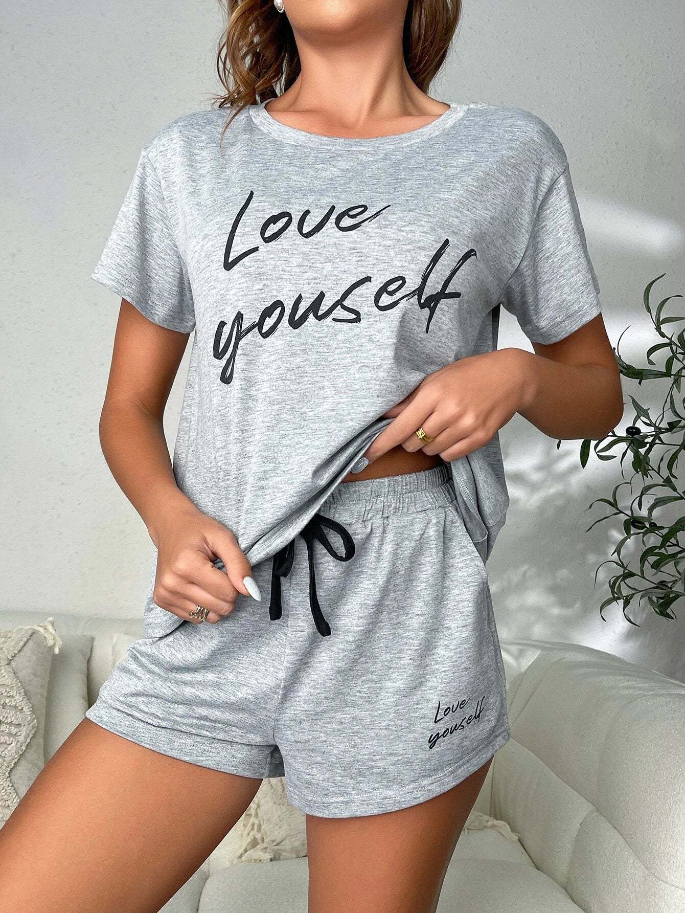Letter Graphic Tee And Shorts Lounge Set-Cozy Knit Sets