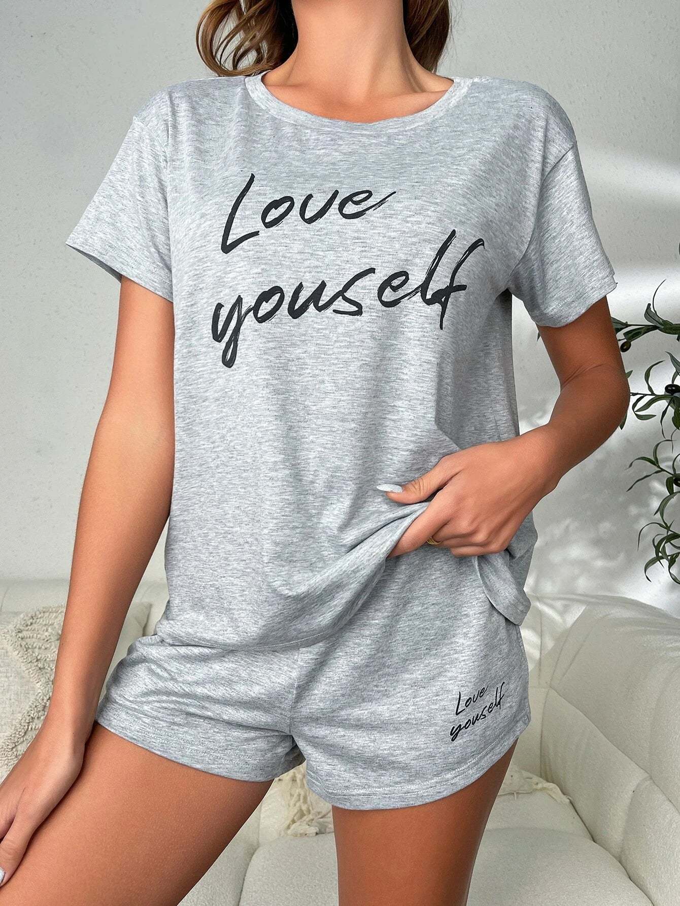 Letter Graphic Tee And Shorts Lounge Set-Cozy Knit Sets