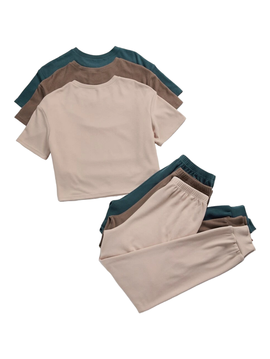 3 Sets Solid Tee And Tie Front Pants Lounge Set-Cozy Knit Sets