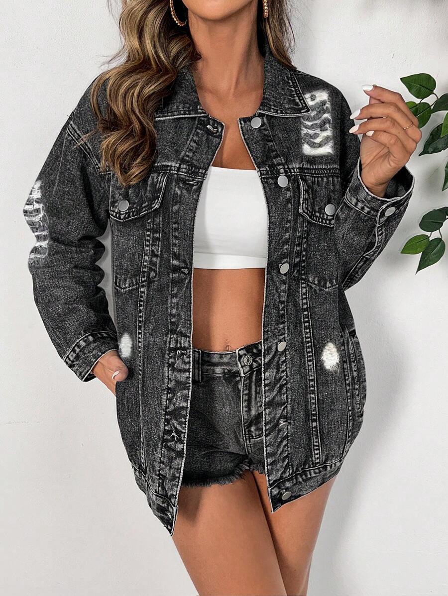 Flap Pocket Drop Denim Jacket-Cozy Knit Sets