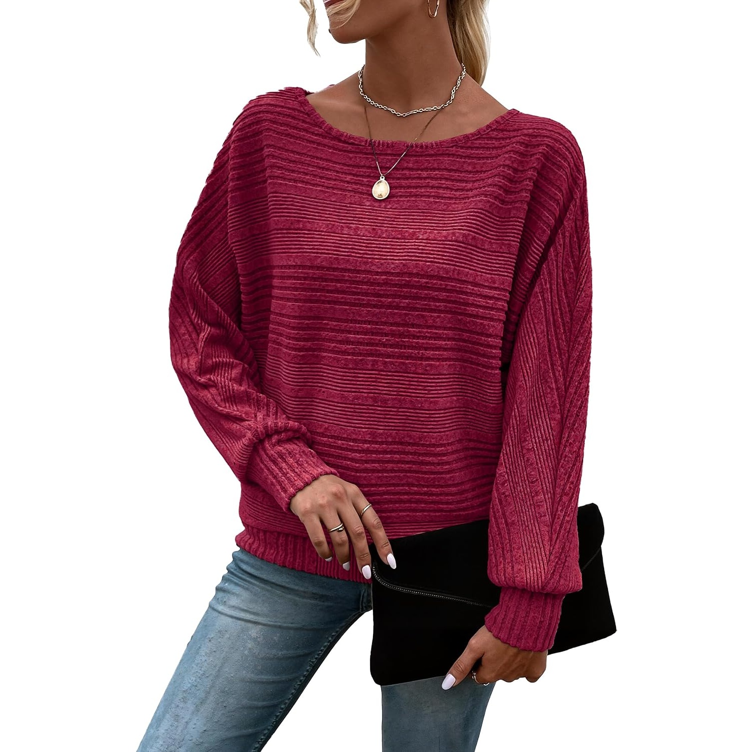 Textured Ribbed Knit Long Sleeve Top For Women