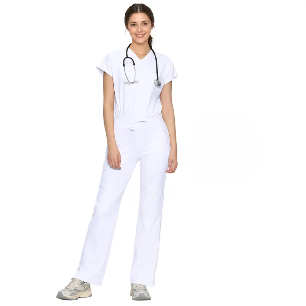 Workwear Yoga Scrub Set With Batwing Top And Straight Pants For Women
