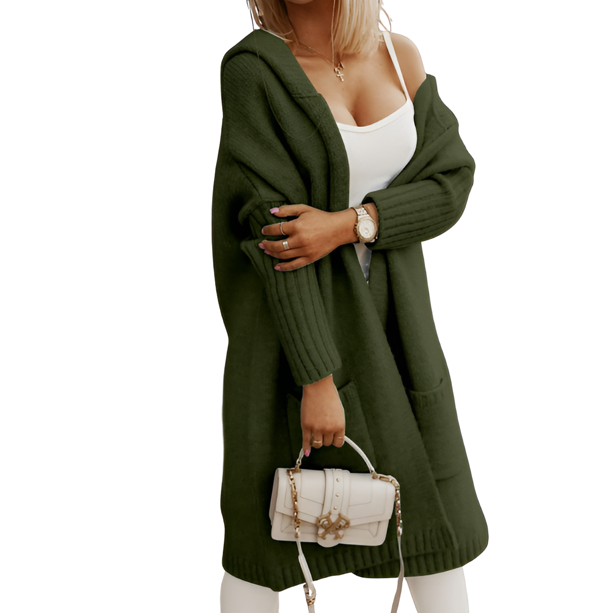 Long Knitted Hooded Cardigan With Open Front  For Women