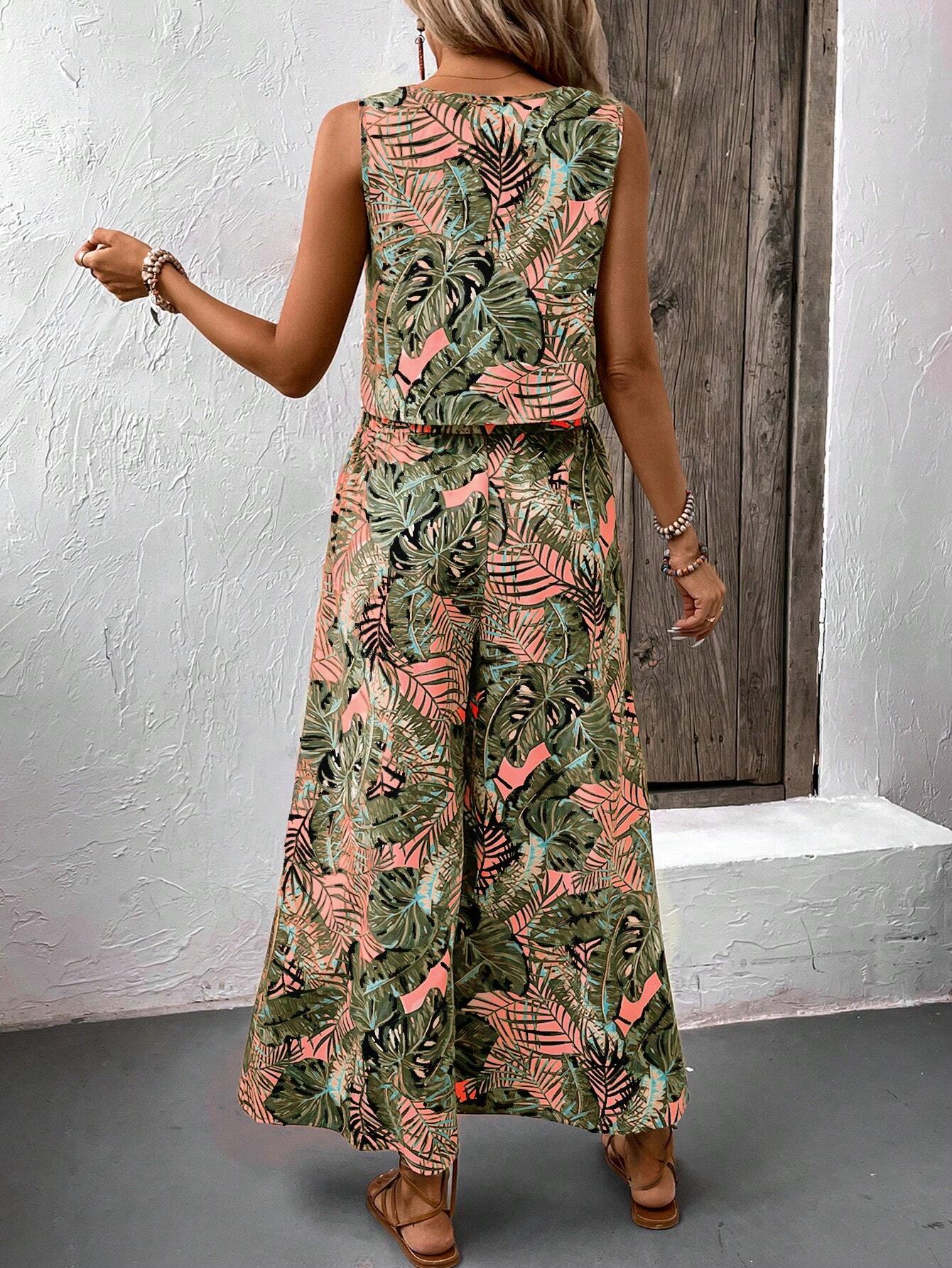 2 Pieces Tropical Plant Printed Sleeveless Top And Pants Casual Holiday Set