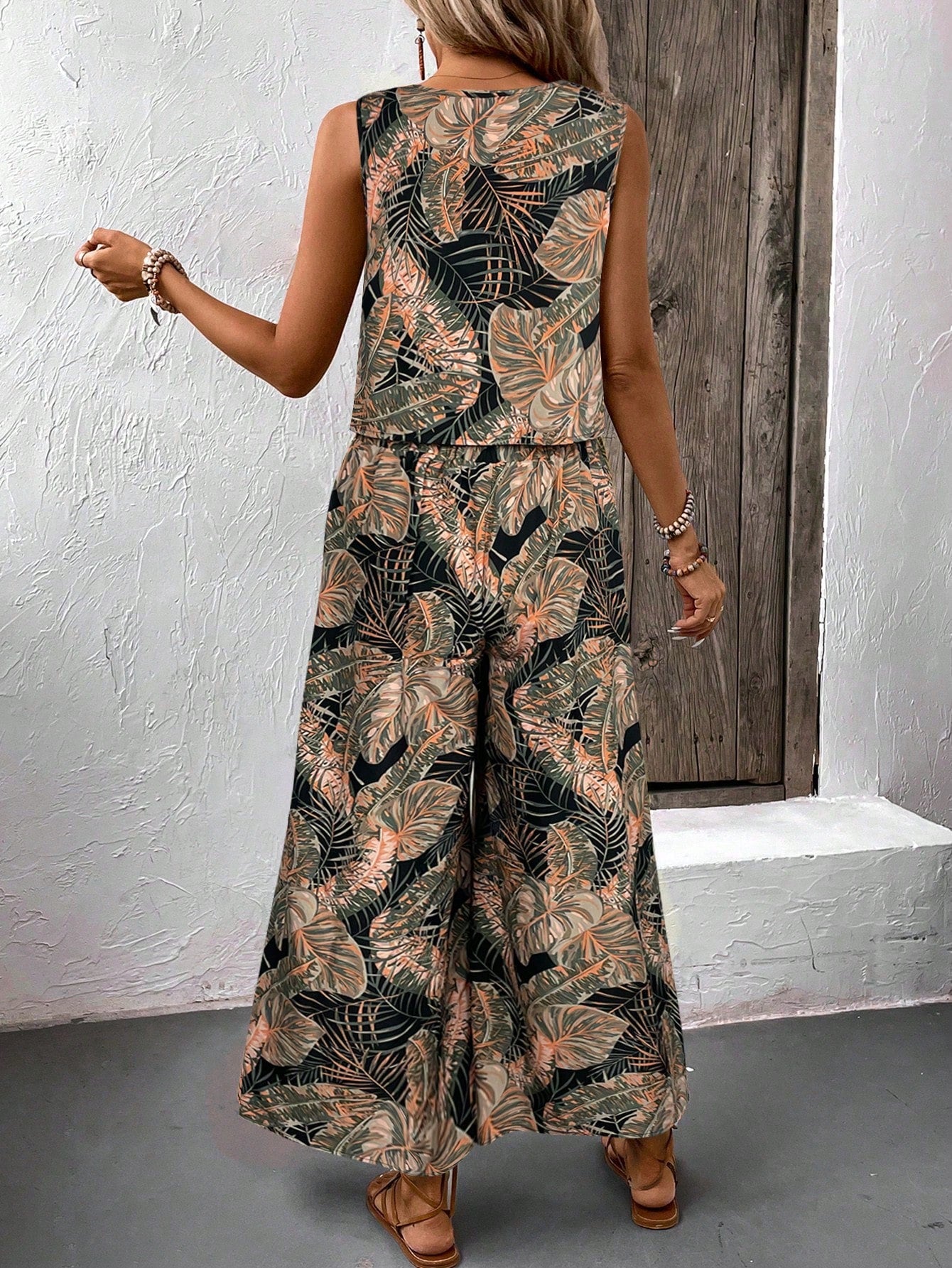 2 Pieces Tropical Plant Printed Sleeveless Top And Pants Casual Holiday Set