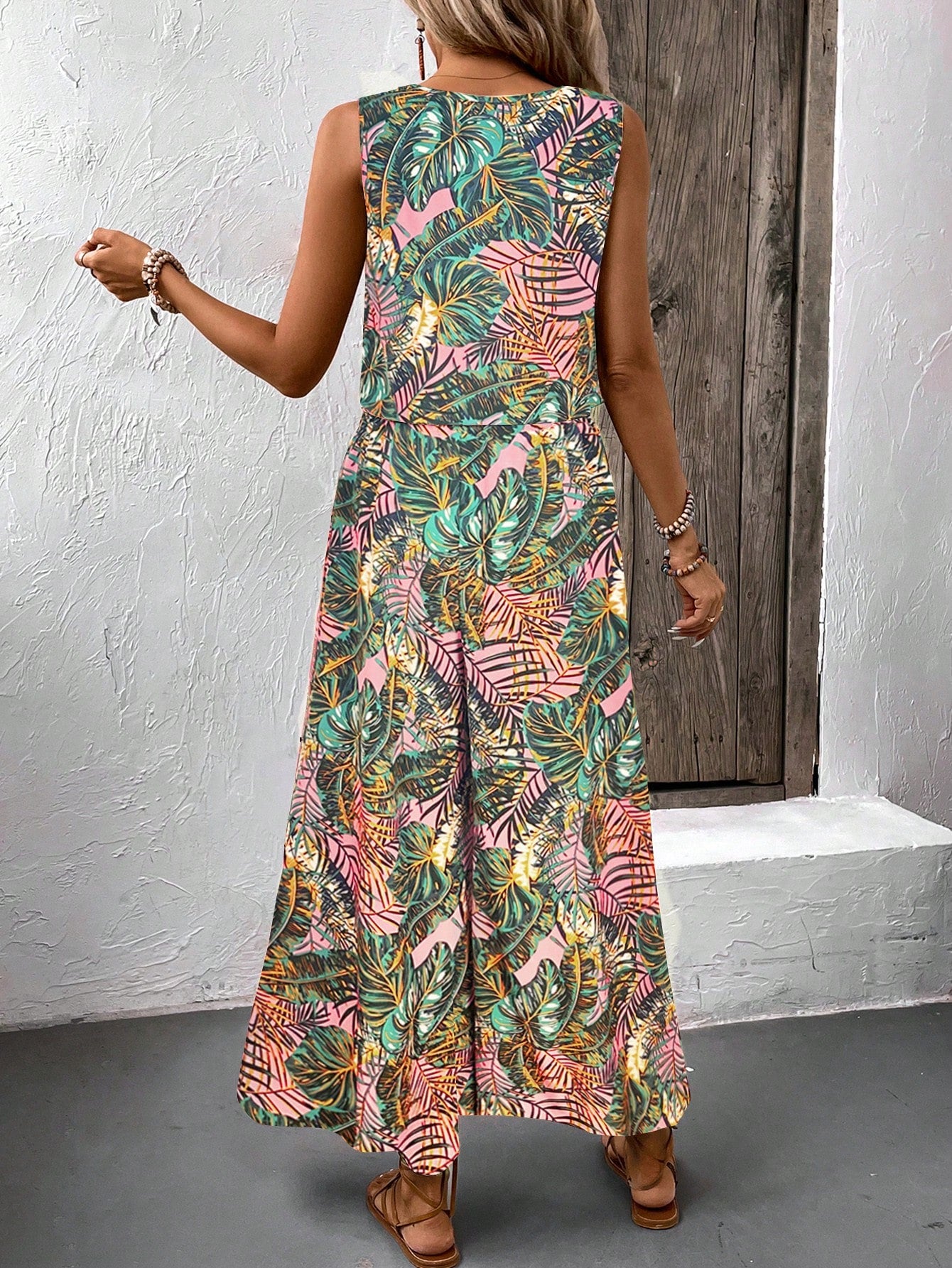 2 Pieces Tropical Plant Printed Sleeveless Top And Pants Casual Holiday Set