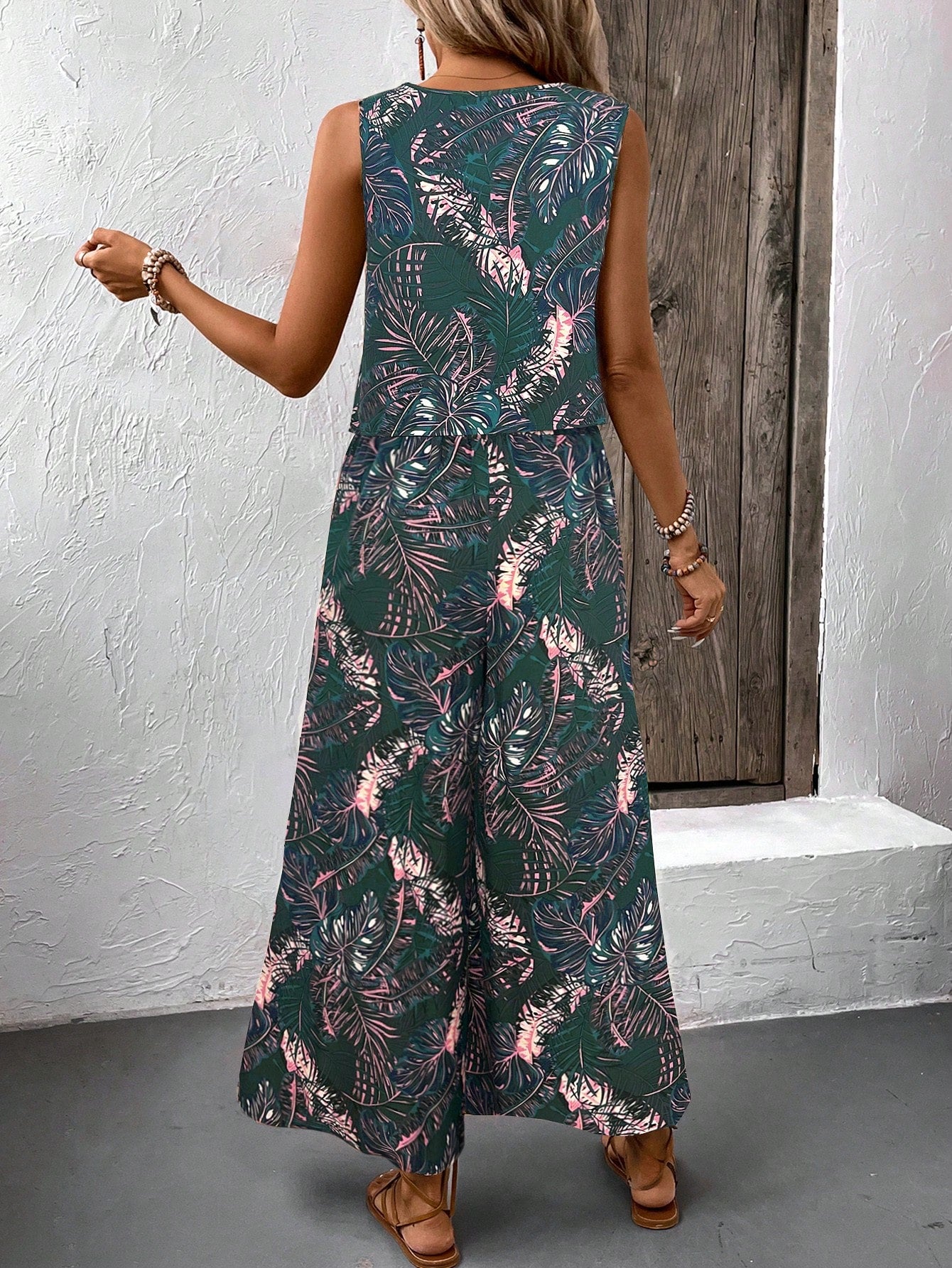 2 Pieces Tropical Plant Printed Sleeveless Top And Pants Casual Holiday Set
