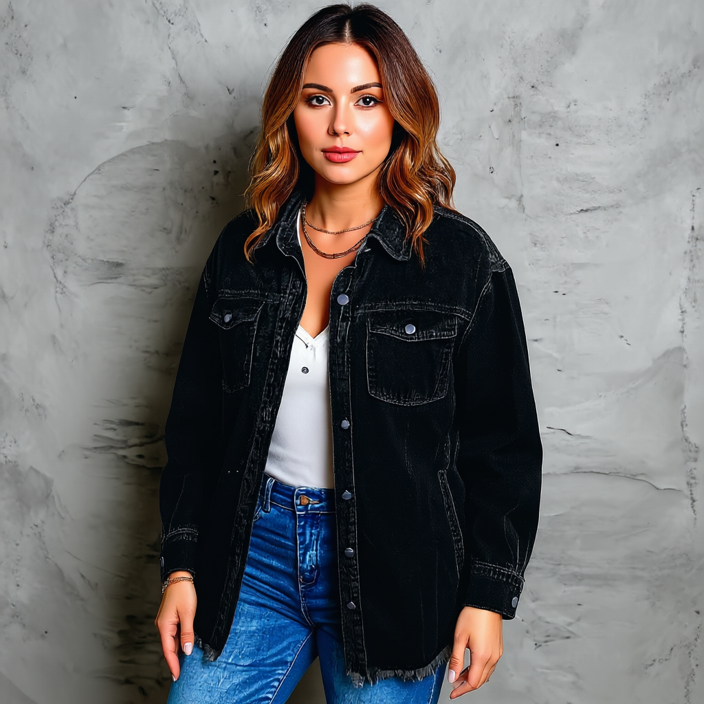 Oversized Denim Shacket With Frayed Hem And Pockets