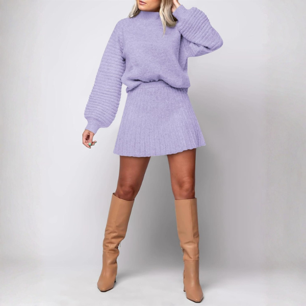 2 Piece Ribbed Knit Puff Sleeve Sweater Top And Mini Skirt Outfit Set