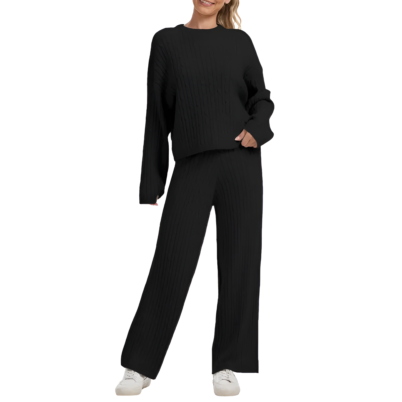 2 Piece Long Sleeve Knit Top With Pants Set For Women