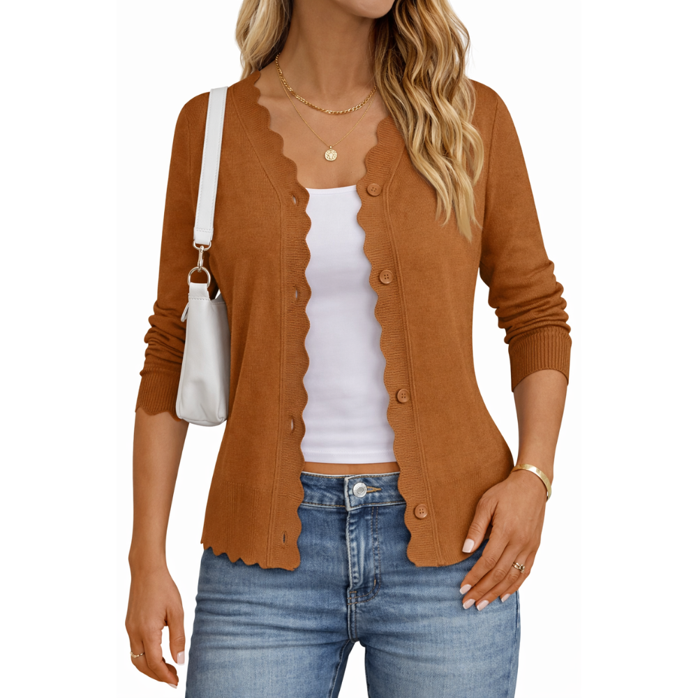 Lightweight Button Down Knit Cardigan With Scallop TrimLightweight Button Down Knit Cardigan With Scallop Trim - Image 16