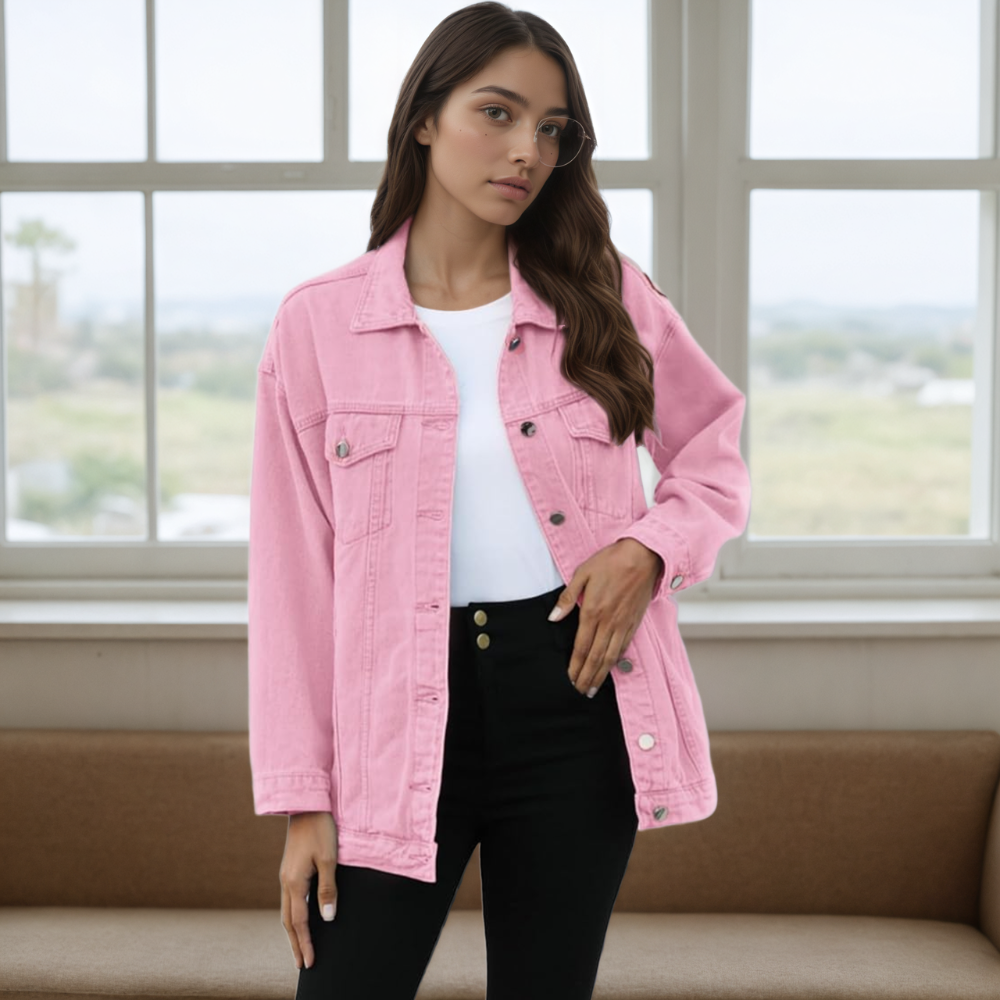 Women’s Oversized Mid Long Denim Jacket Casual Jean Biker Coat