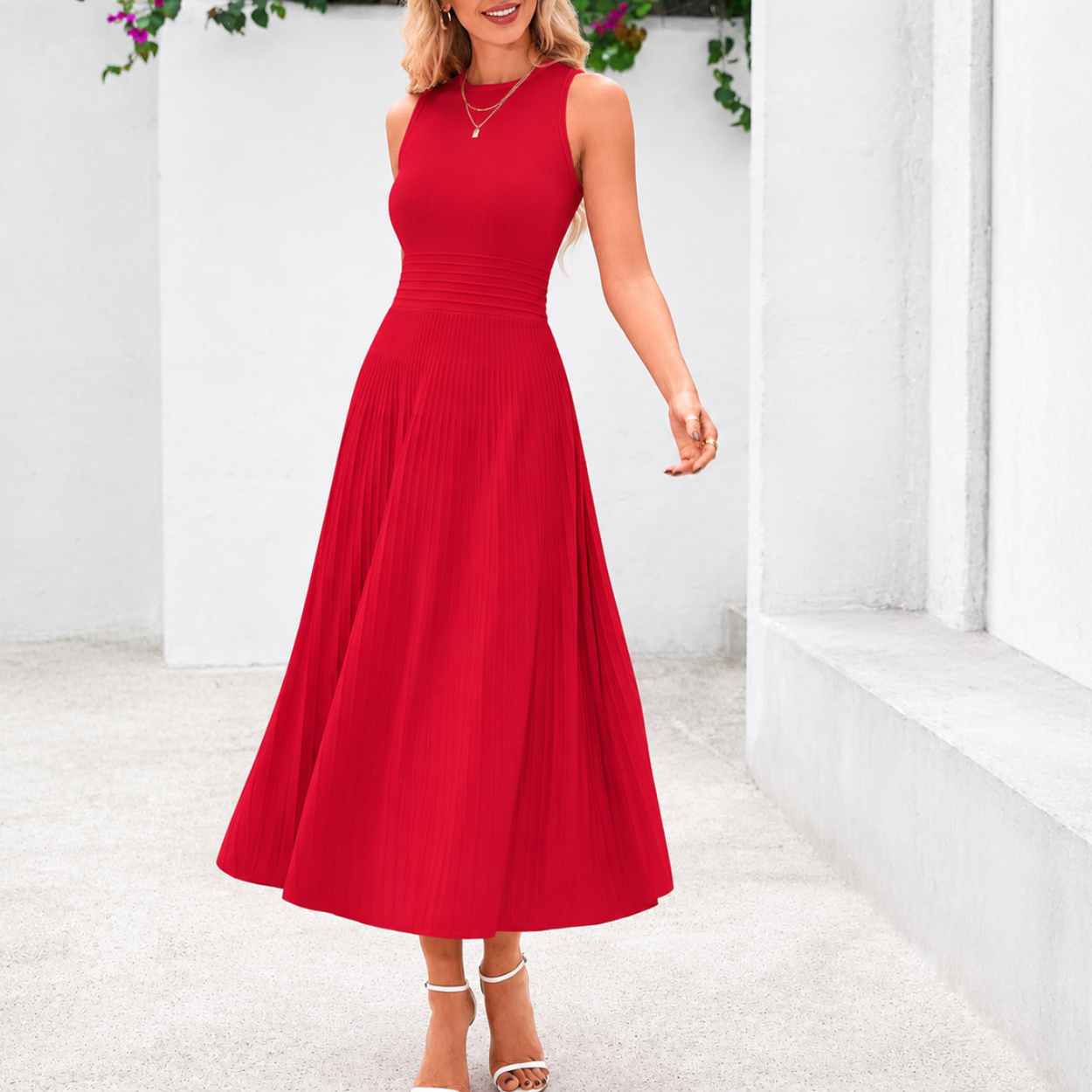 Casual Sleeveless Midi Dress With Pleated Design For Women