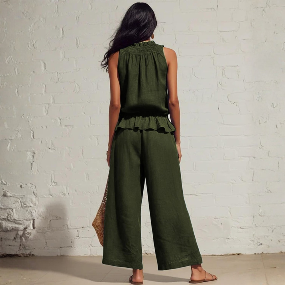 Linen Sleeveless Ruffle Top Pants Set
