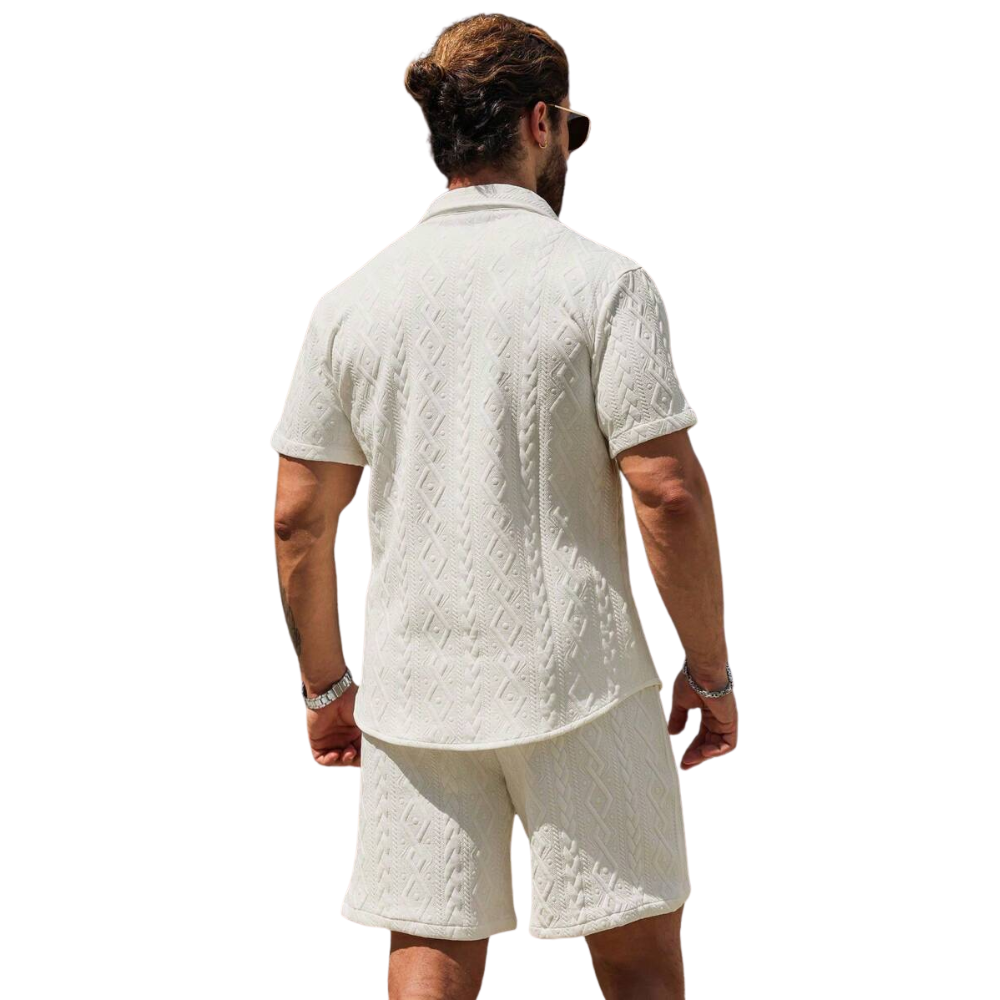 Men Casual Solid Color Textured Shirt And Shorts Set