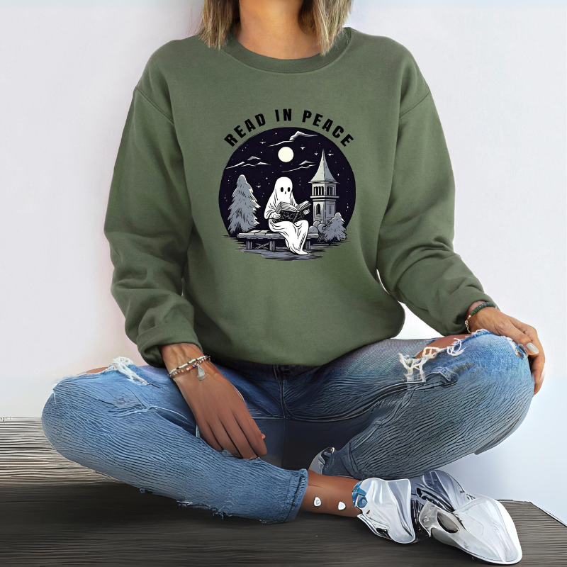 Halloween Read In Peace Printed Sweatshirt-Cozy Knit Sets