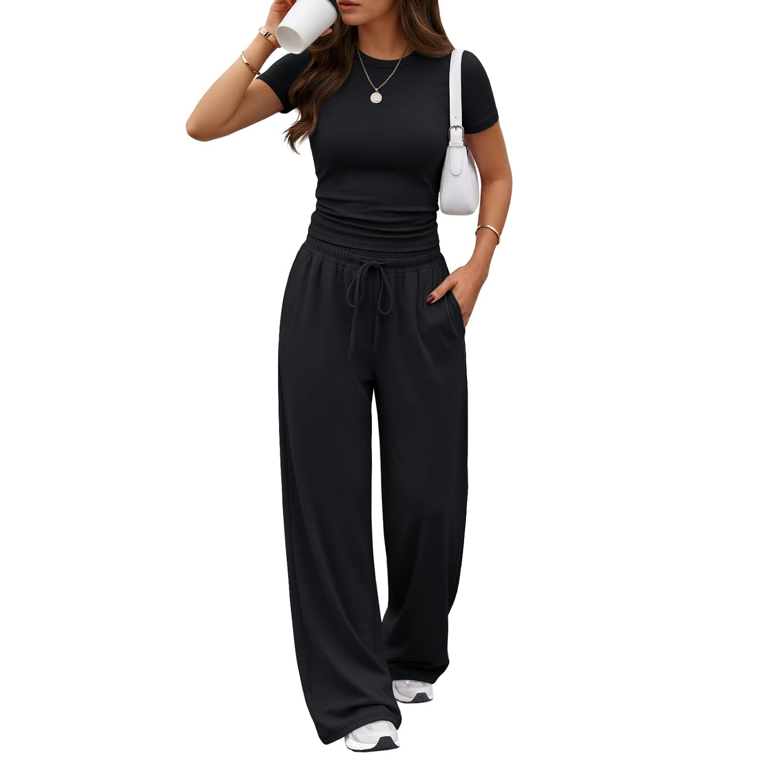 2 Piece Summer Lounge Set With Wide Length Pants For Women-New