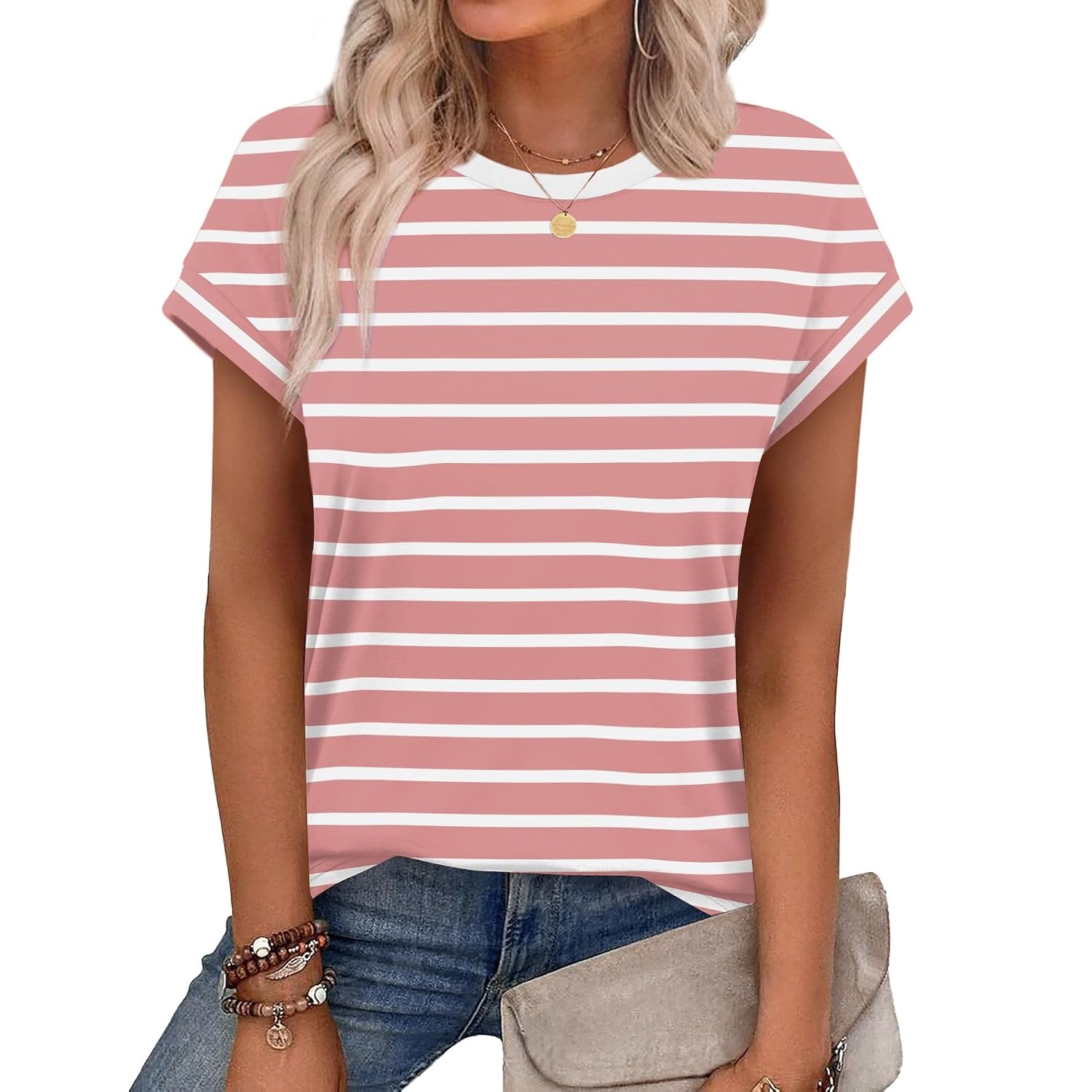 Summer Short Sleeve Crew Tunic T Shirts  For Women