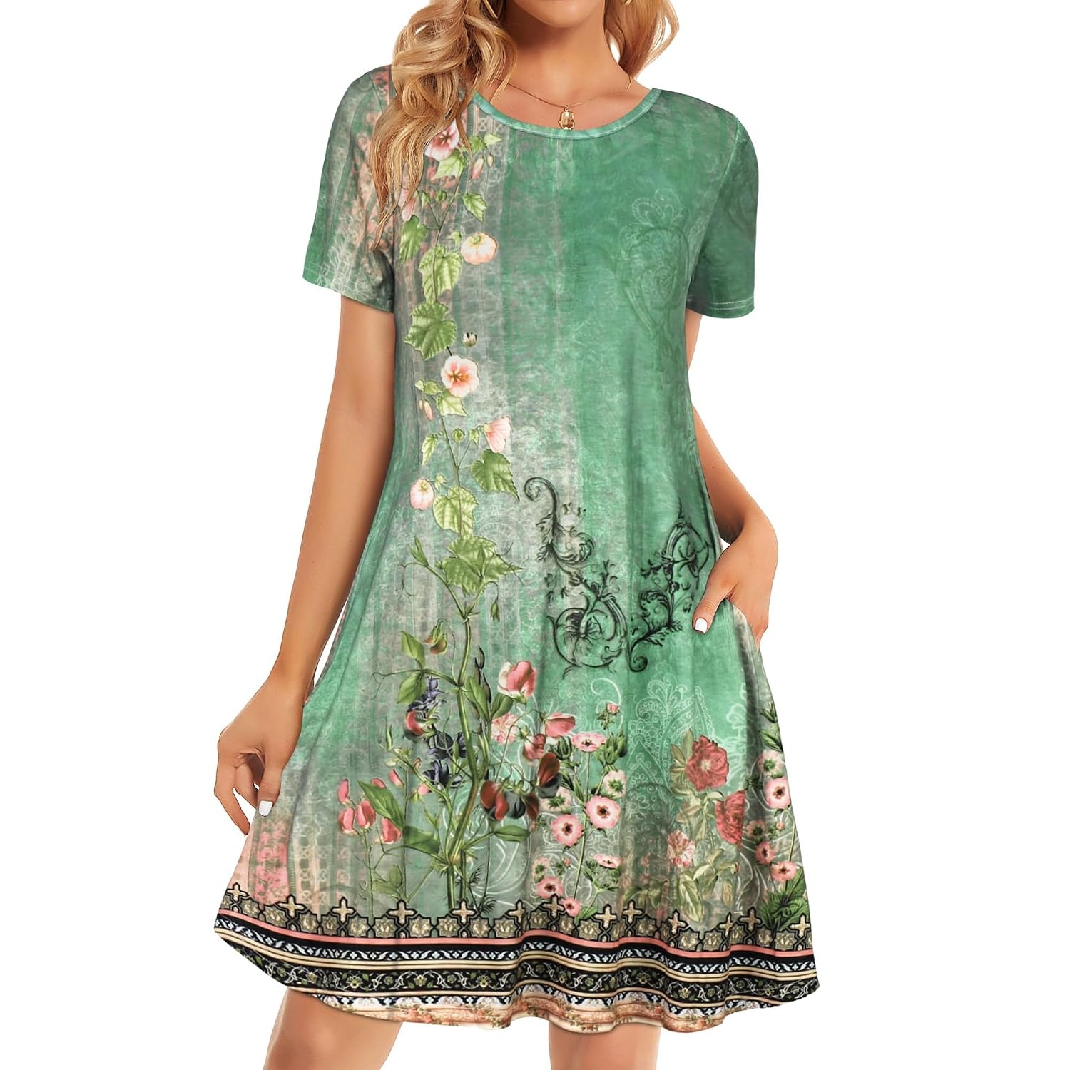 Casual Flowy Floral Dress With Short Sleeves For Women