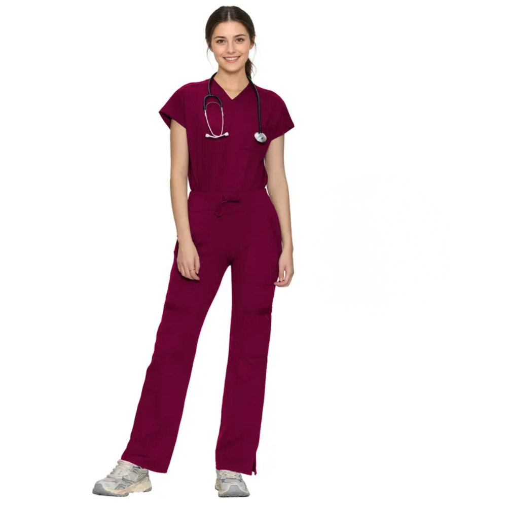 Workwear Yoga Scrub Set With Batwing Top And Straight Pants For Women
