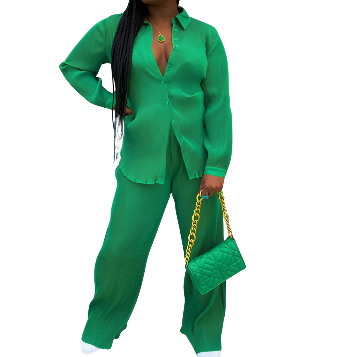 2 Piece Button Down Shirt And Pleated Pants Set For Women