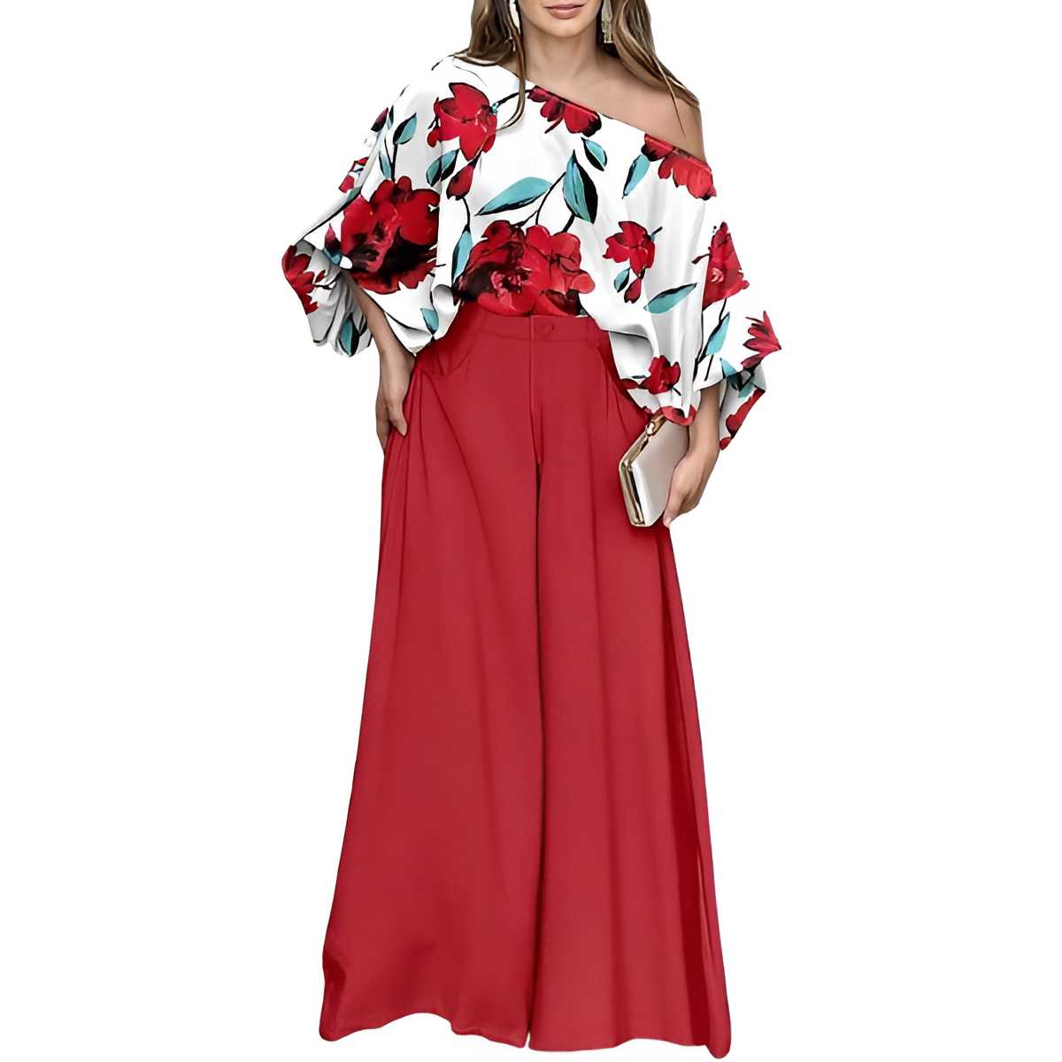 Two Piece Set With Flowy Pants And Top For Women