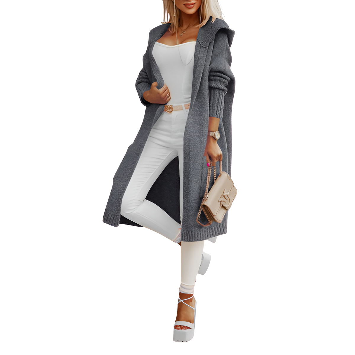 Long Knitted Hooded Cardigan With Open Front  For Women