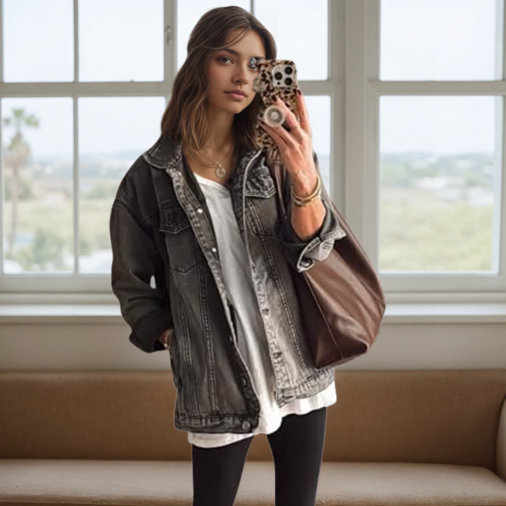 Women’s Oversized Mid Long Denim Jacket Casual Jean Biker Coat