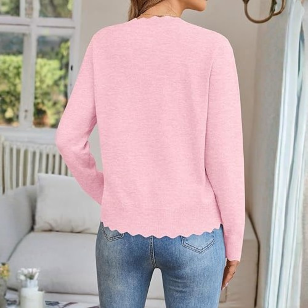 Lightweight Button Down Knit Cardigan With Scallop TrimLightweight Button Down Knit Cardigan With Scallop Trim - Image 19