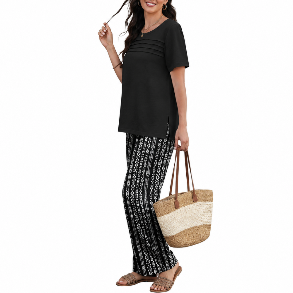 Pleated Front Top Wide Pants Lounge Set