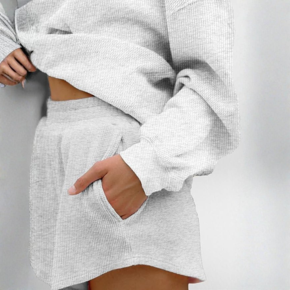 2 Piece Oversized Waffle Knit Lounge Set Long Sleeve Sweatshirt and High Waisted Shorts