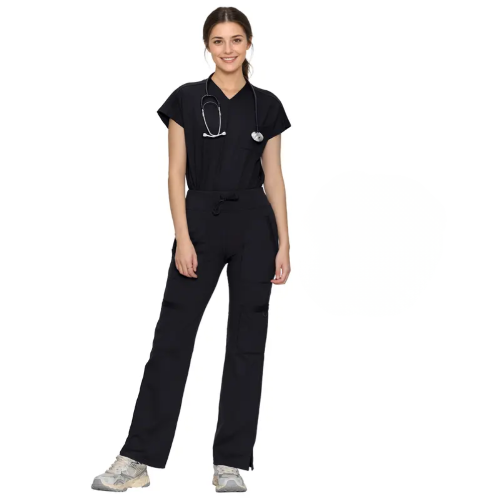 Workwear Yoga Scrub Set With Batwing Top And Straight Pants For Women