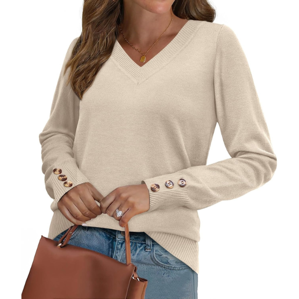 ightweight Sweaters for Women Long Sleeve V Neck Knit Outfits with Decorative Buttons